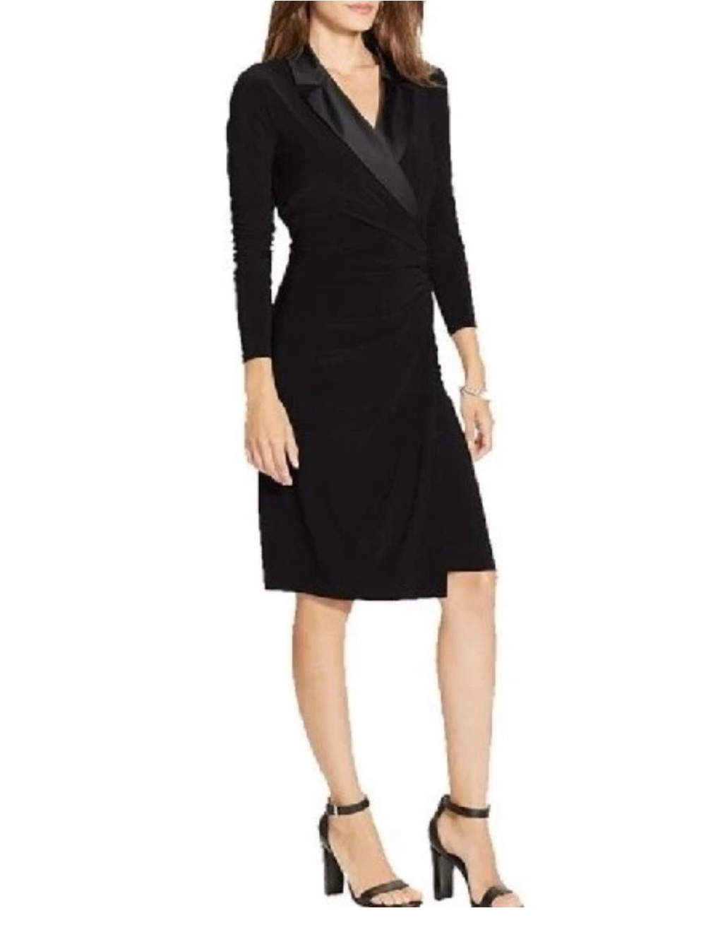 Lauren Ralph Lauren Black Tuxedo Dress Faux Wrap Satin Collar Side Ruched Sz 8P